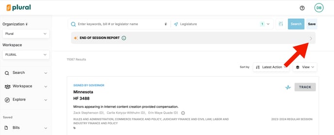 red arrow pointing to end of session report toolbar on bill search page
