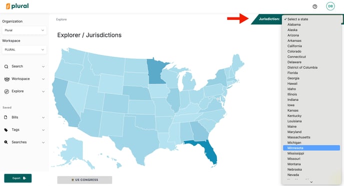 Explorer page with jurisdiction menu open