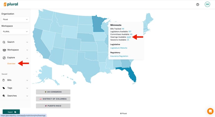 Explorer page in Plural with one red arrow pointing at the words "Overview" under the Explore menu in the left sidebar in Plural and one red arrow pointing at the number next to "Hearings Available" in the jurisdiction menu.