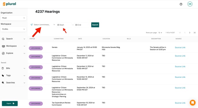 Hearings page with one red arrow pointing to the "Select committees" filter option and one red arrow pointing to the "Start" date filter option