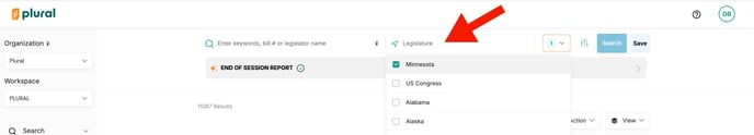 red arrow pointing to legislature selection menu on bill search page