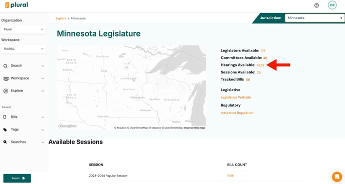 Jurisdiction page for Minnesota with red arrow pointing to the number found to the right of the "Hearings Available" label on the page