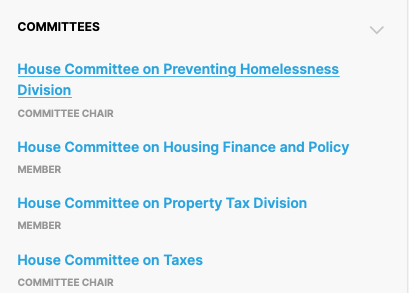 list of committees as found on a legislator's profile page in Plural