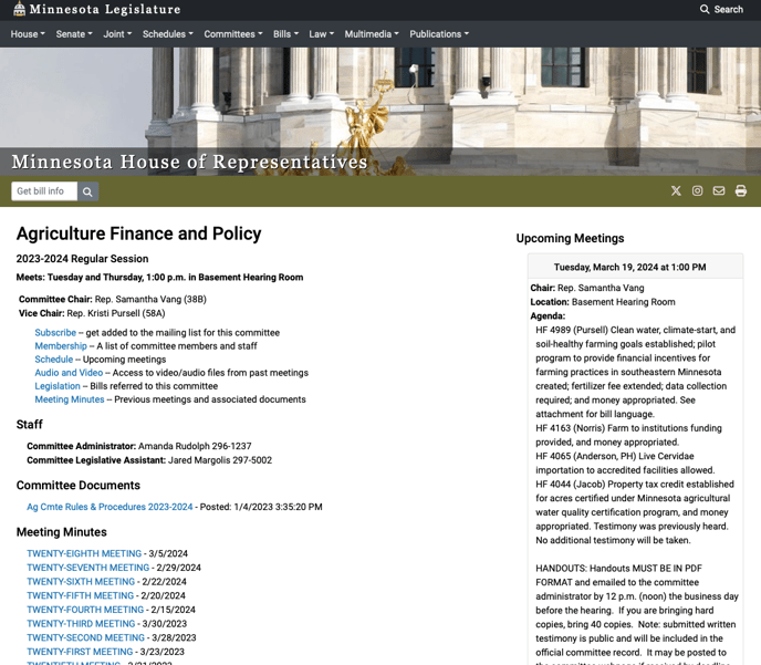 Agriculture Finance and Policy committee page for the Minnesota House of Representatives