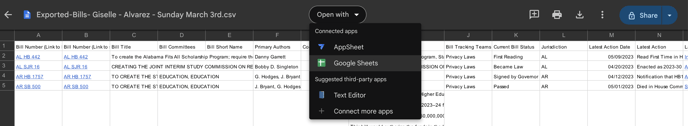 example of exported bill file opened in google drive