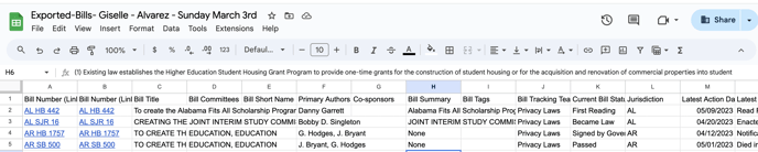 example of exported bill file in google sheets