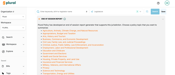 list of policy topics available to generate an AI-powered End of Session Report in Plural