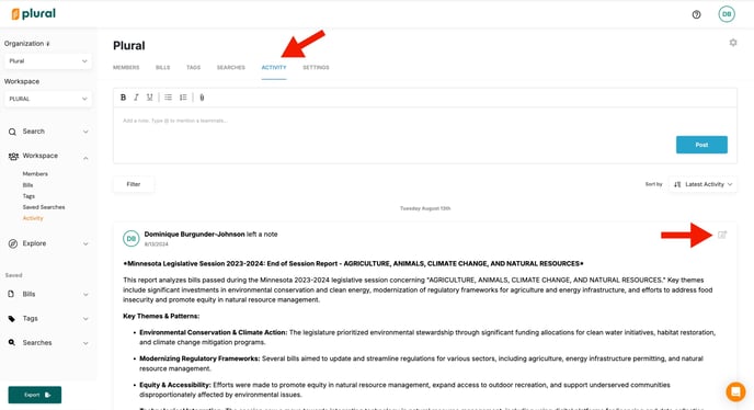 one red arrow pointing to the Activity tab within the Workspace section in Plural, and one red arrow pointing to the "Edit" icon within the End of Session Report post in a workspace activity feed