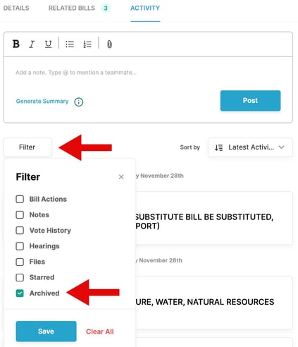 activity tab filter button