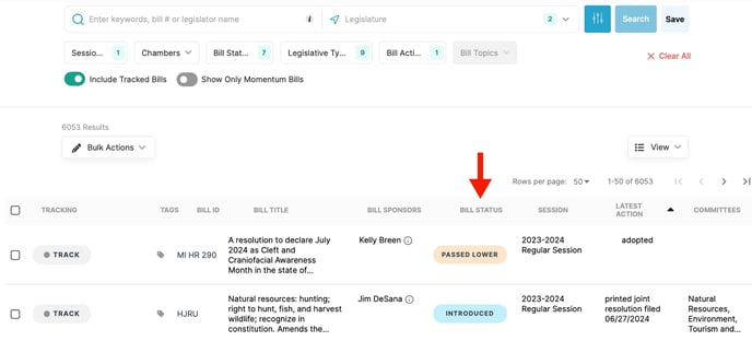 red arrow pointing to bill status column in table view of bill search results