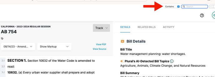 screenshot of Plural bill page with red arrow pointing to top left corner of page where search window appears