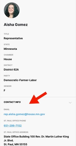 red arrow pointing to the contact info section of a legislator profile page
