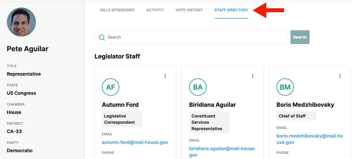 arrow pointing to staff directory tab on a legislator page in Plural