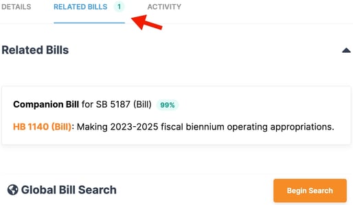 red arrow pointing to related bills tab on bill page in Plural