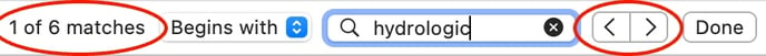 screenshot of search window with red circle around number of matches and red circle around back/forward arrows
