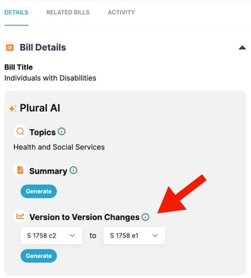 red arrow pointing to version to version changes tool on a bill detail page in Plural