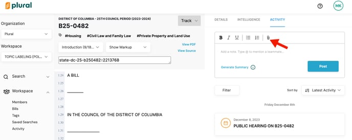 red arrow point to paper clip icon in the text editor section of a bill page in Plural