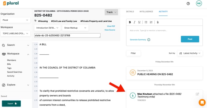 red arrow pointing to a voice memo file that now appears in the activity feed of a bill page in Plural